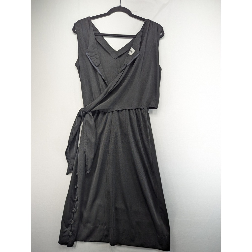 Vintage Henry Lee Black Qiana Nylon Wrap Front Midi Dress Side Tie Size M 28334A